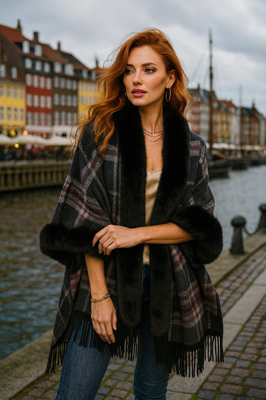 177 Black Plaid Fur-Trim Wrap