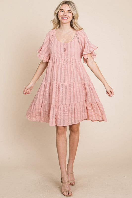 Style 1006 Rose Stripe Textured Tiered Flutter Sleeve Cotton Dress