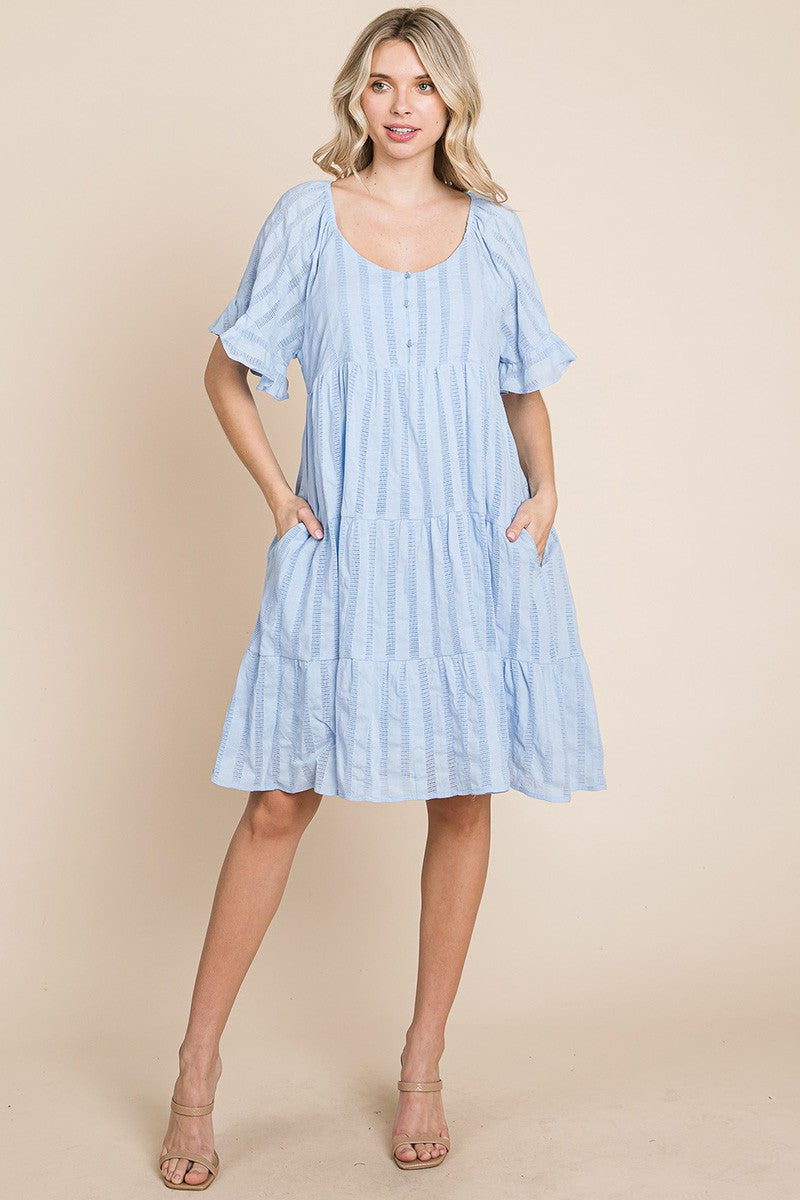 Style 1006 Blue Stripe Textured Tiered Flutter Sleeve Cotton Dress