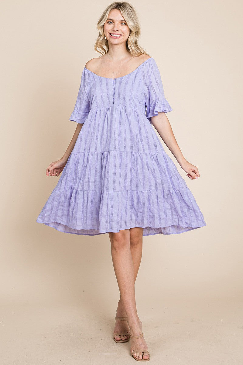 Style 1006 Lavender Stripe Textured Tiered Flutter Sleeve Cotton Dress