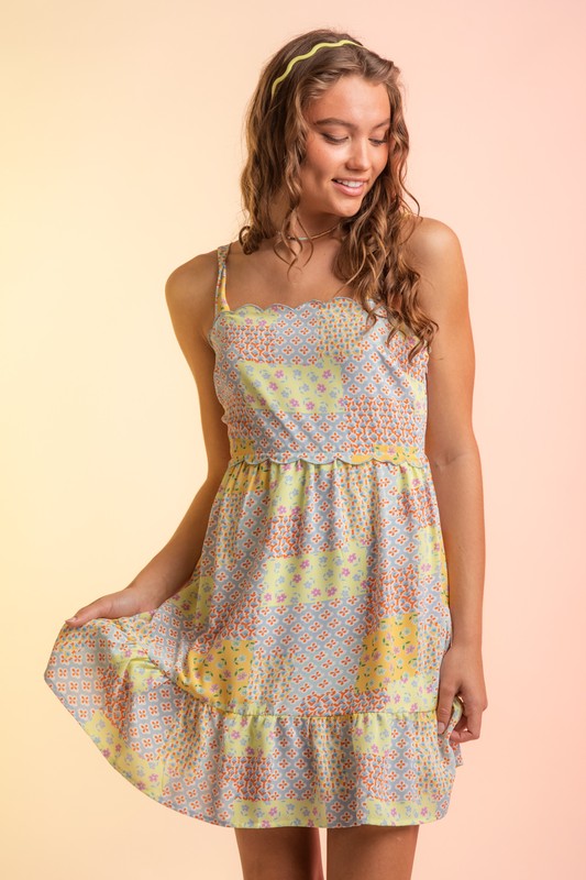 Style 33794 Yellow Mix Patch Print Scalloped Lined Dress