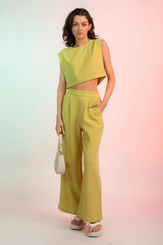 Style 60048 Lime Rayon Crop Top & Wide Leg Pant Set