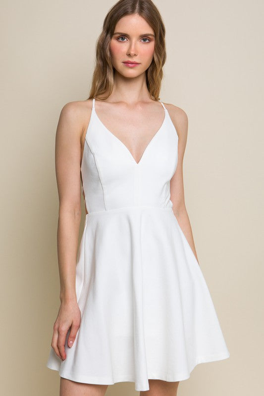 Style 4845 White Medium weight Dress with Strappy Open Back and Hidden Ziooer