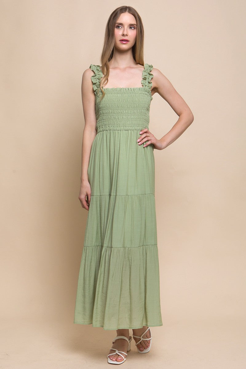 Style 4840Sage Smoked Bodice Maxi Dress With Ruffle Strap-