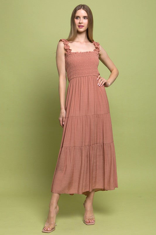 Style 4840 Clay Smoked Bodice Maxi Dress With Ruffle Strap