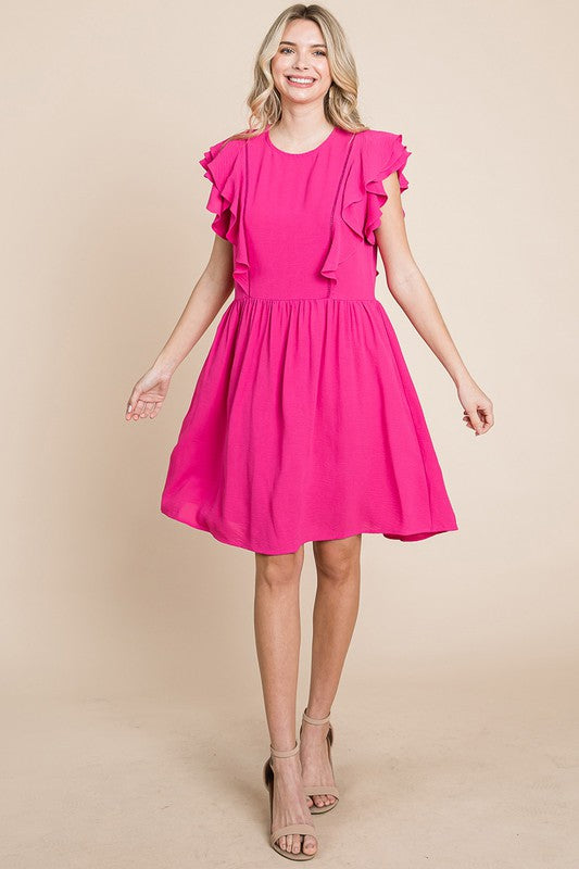 Style 1008 Fuchsia Ruffle Front Dress