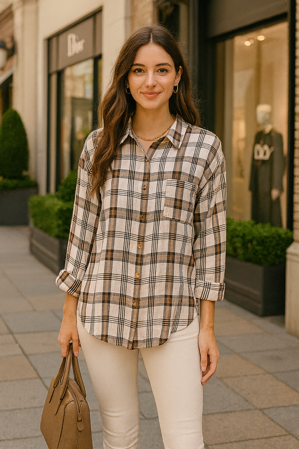 1867 Brown and Beige Plaid Button-Down Long Sleeve Shirt