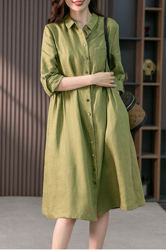 Style 107 Green Button Down Linen Blend Dress