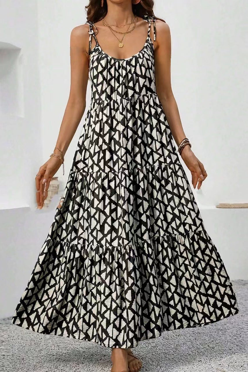 040 Spaghetti Strap Black & White Maxi Tiered Dress