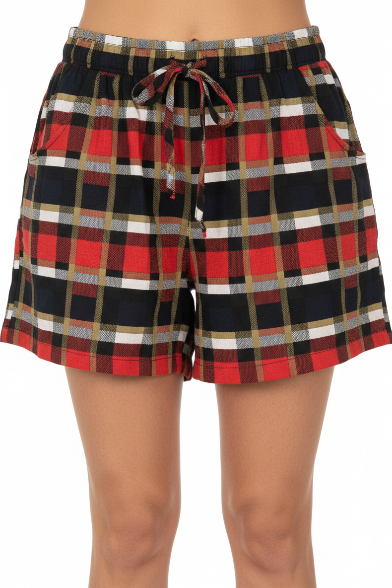 1579-2 Red and Black Plaid Drawstring Shorts with pockets
