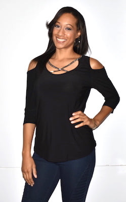 1638 Black Crystal Trimmed Cold Shoulder Top