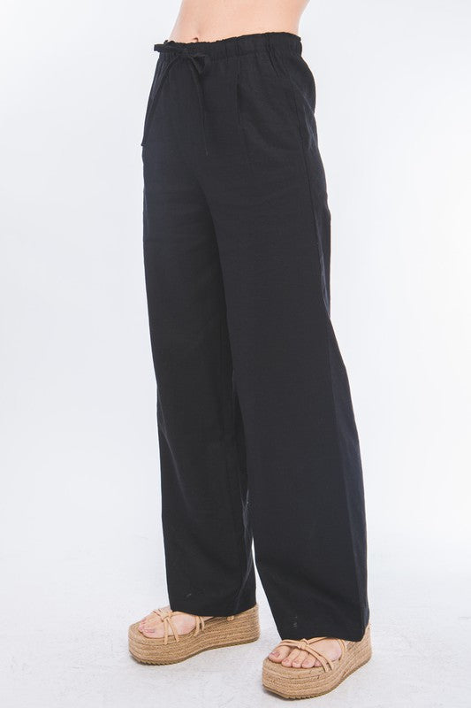 Style 6875-6 Black Drawstring Linen Blend Pants With Pockets