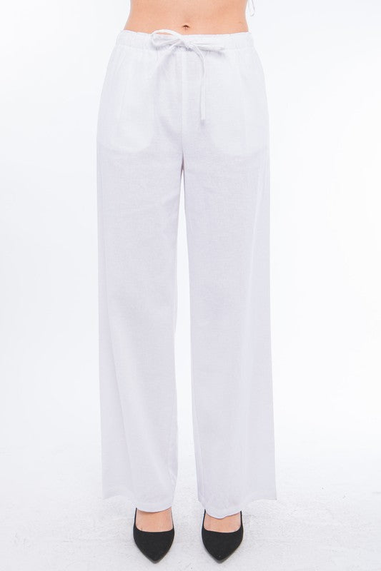 Style 6875-6 White Drawstring Linen Blend Pants With Pockets