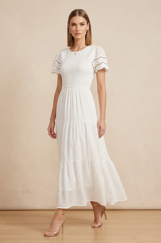 2079 Ethereal White Smocked Maxi Dress