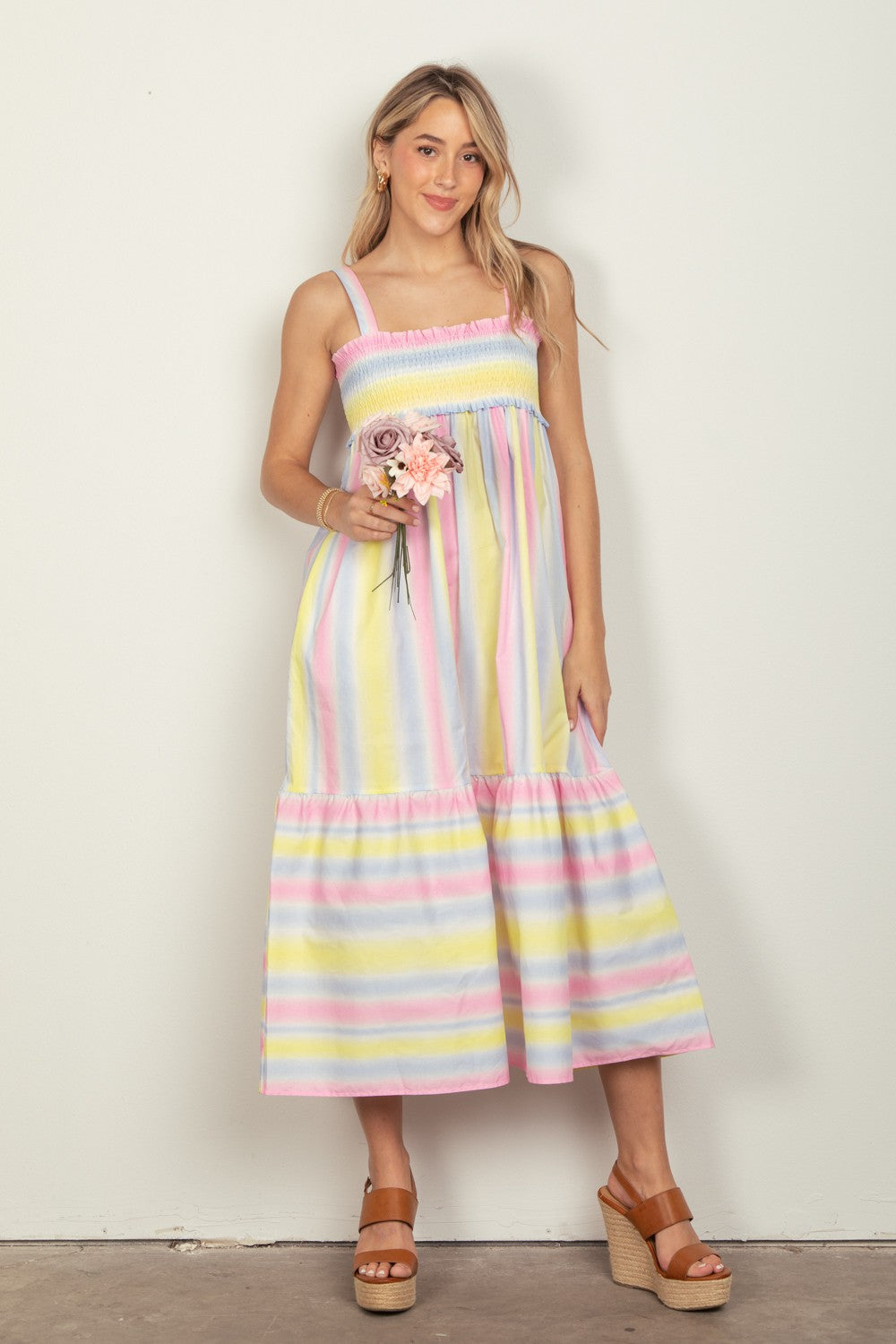 Style 31194 Pink Multi Color Stripe Woven Midi Dress