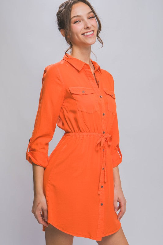 Style 4394-6 Orange Button Dress w/ Vintage Adjustable Drawstring Tie