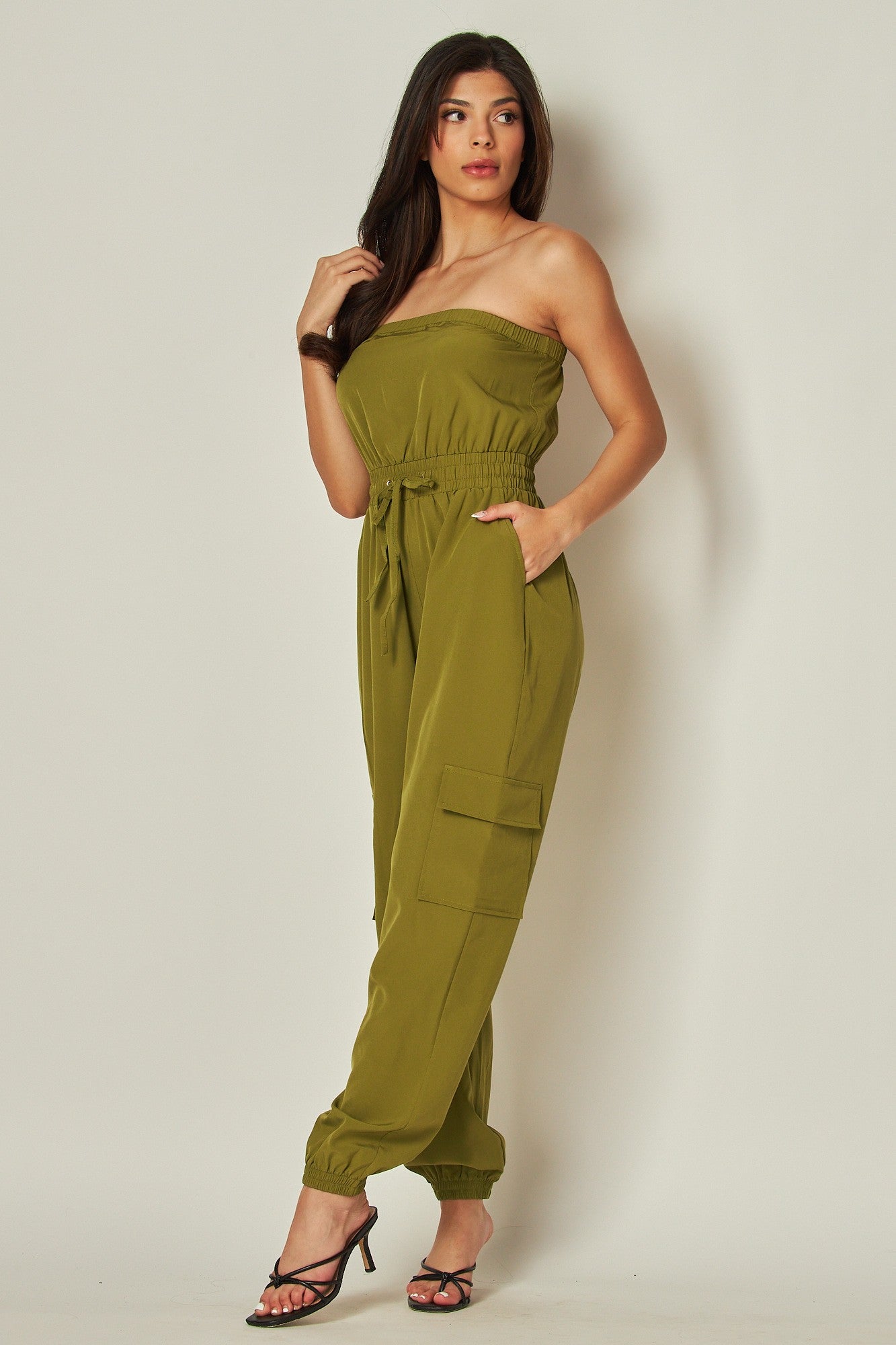 Style JS-900 Olive Long Cargo Drawstring Jumpsuit