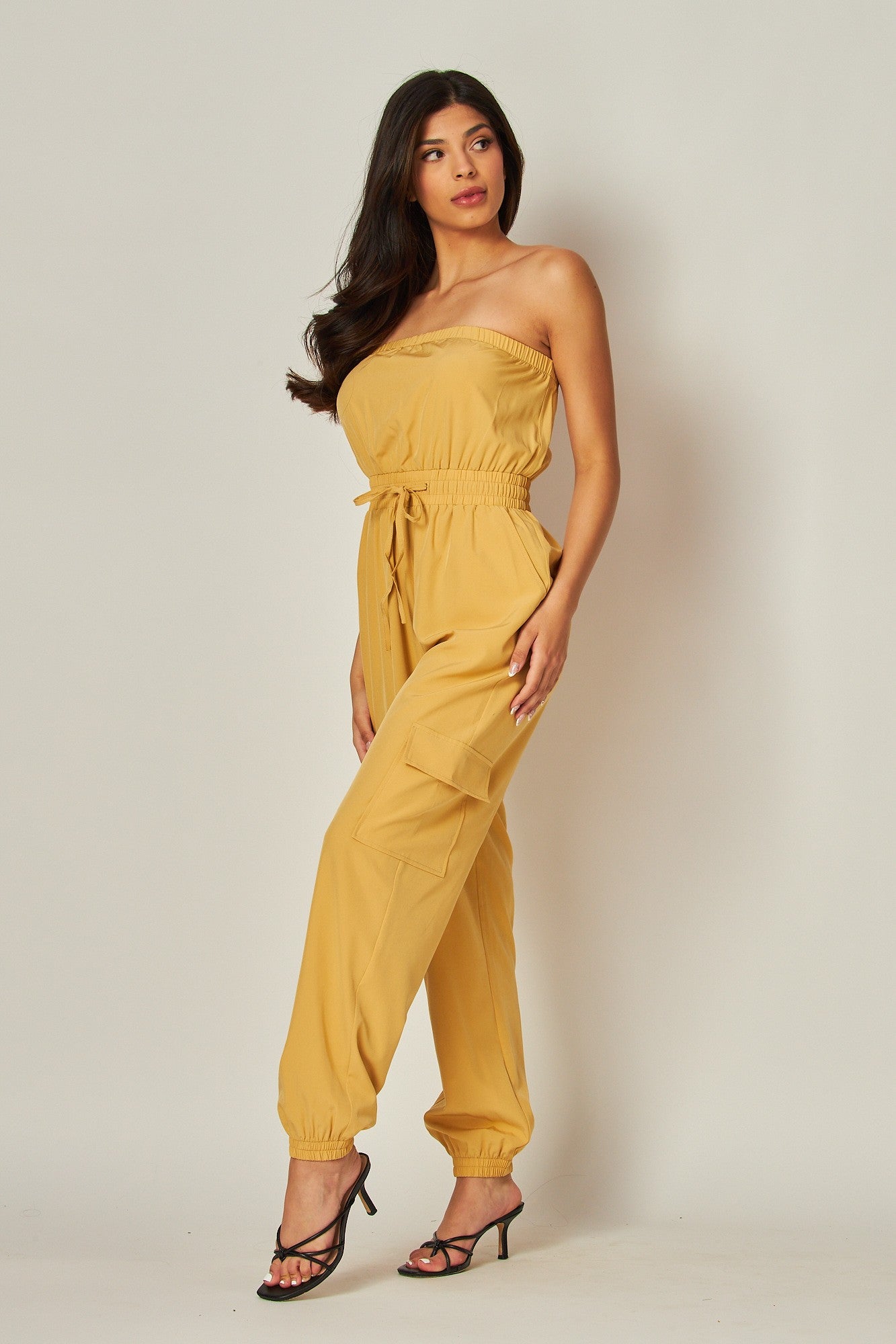 Style JS-900 Khaki Long Cargo Drawstring Jumpsuit