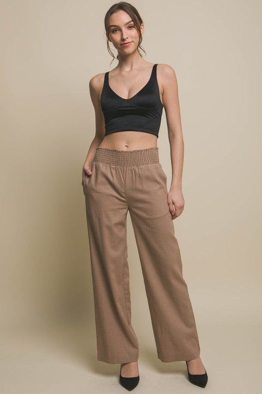 Style 6811 Taupe Linen Smocked Waist Pants