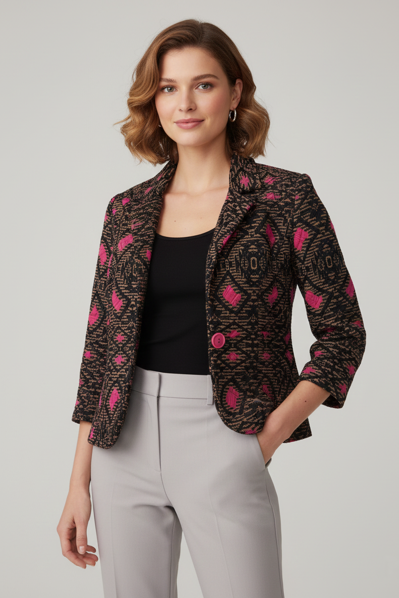 2144 Abstract Pink & Black Pattern Cropped Jacket