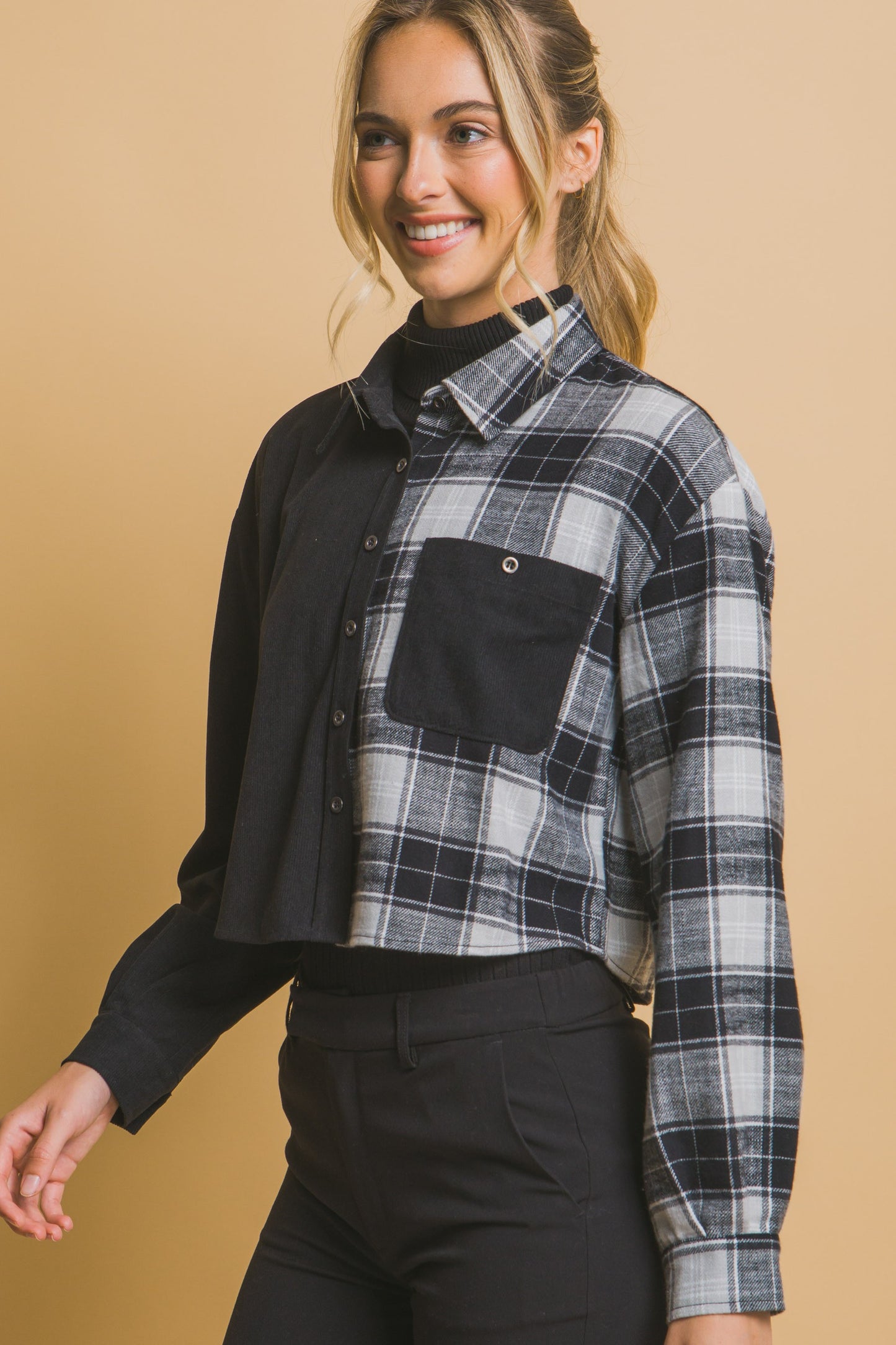 Style 10281 Black Cropped Plaid Spliced Button Down Shirt