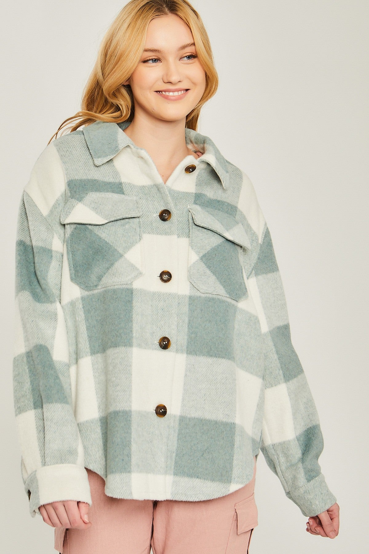 Style 80032 Sage Woven Yarn Dye Bust Pocket Shacket