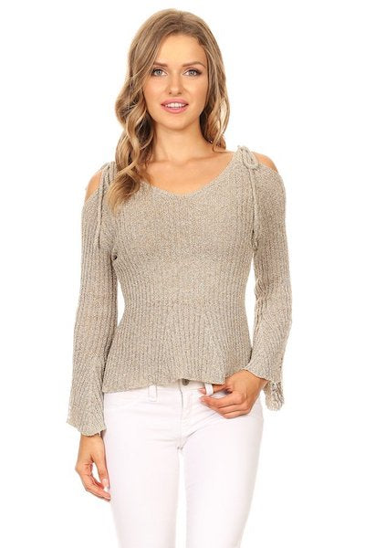 608-434209 Beige Rib Knitted Bell Sleeved Top w/ open back