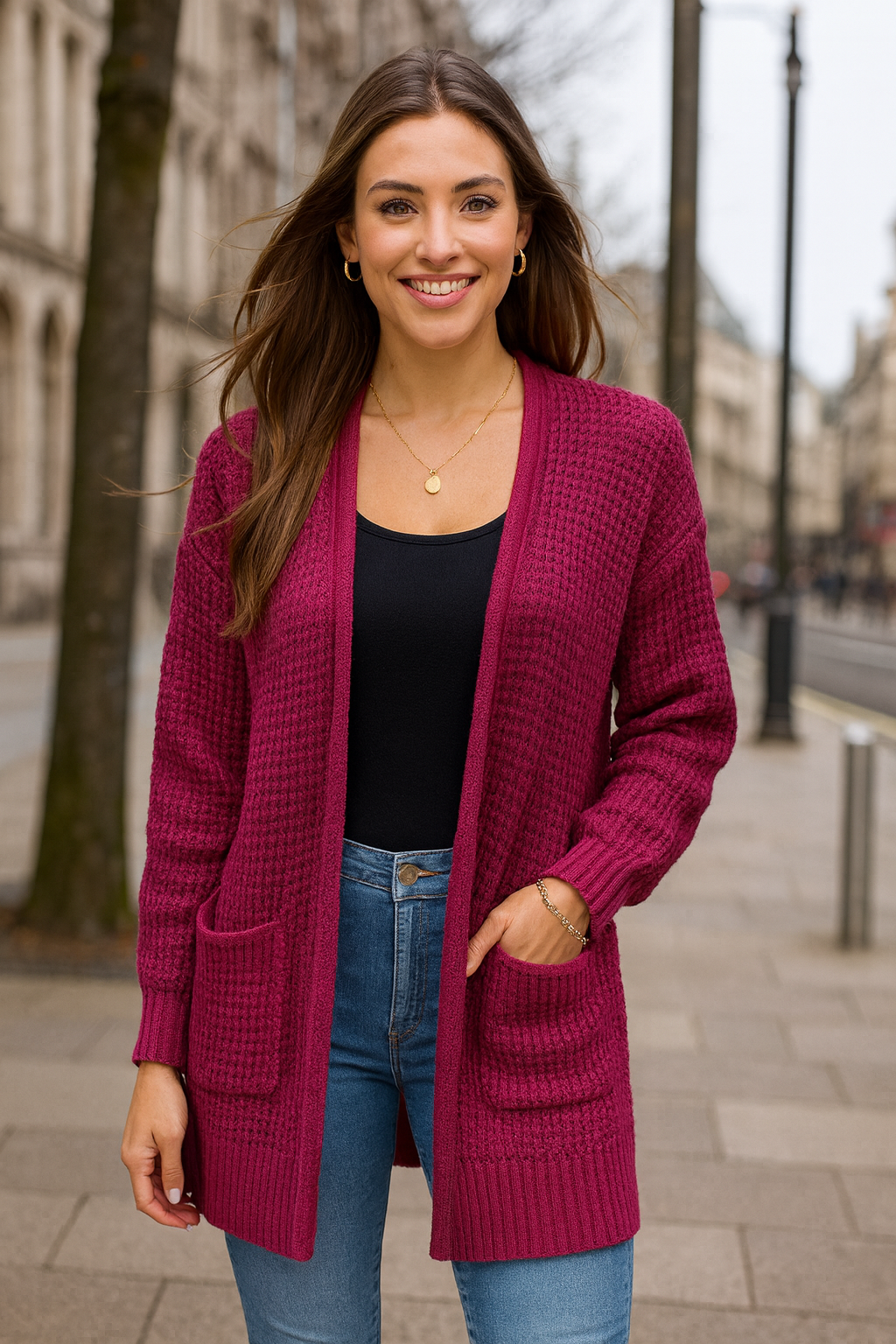 2734 Magenta Glow Waffle Knit Pocket Cardigan Plus