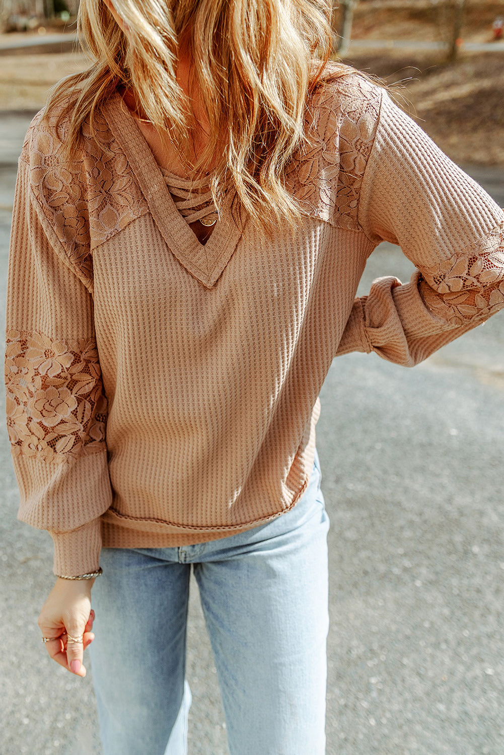 Style 2013-367 Apricot Lace Waffle Patchwork Strappy V Neck Long Sleeve Top