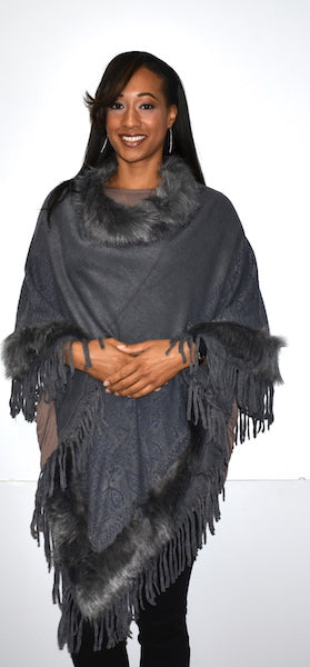 5146 Grey Fur Trimmed Poncho