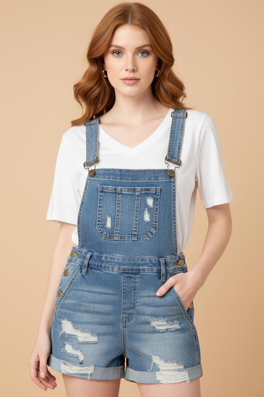 169881 Distressed Blue Denim Short Overalls Jumper