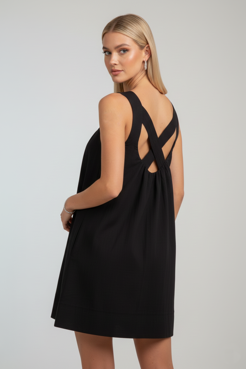 30273 Black Quilted Strap Criss Cross Back Dress