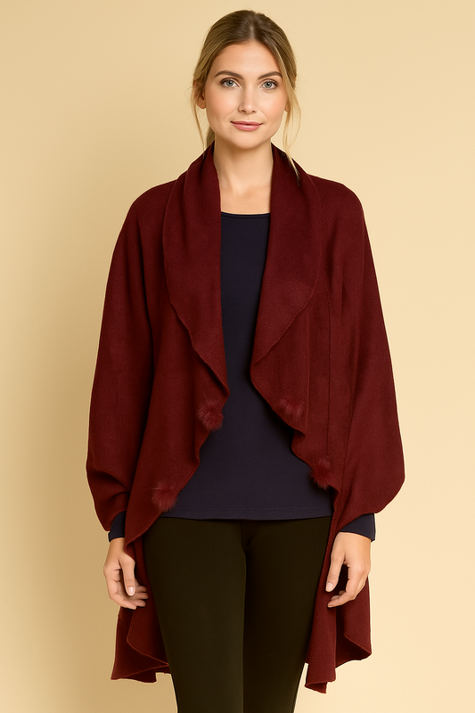 Style HY3713 Burgundy Pom Trim Wrap Shawl