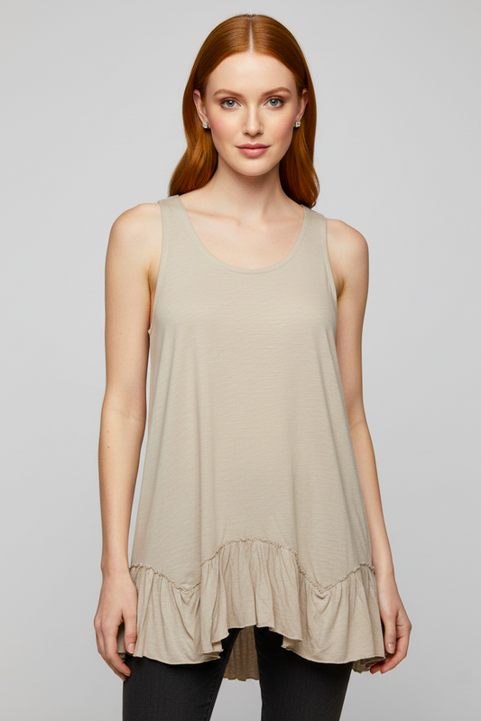 319 Beige Ruffle-Hem Sleeveless Top