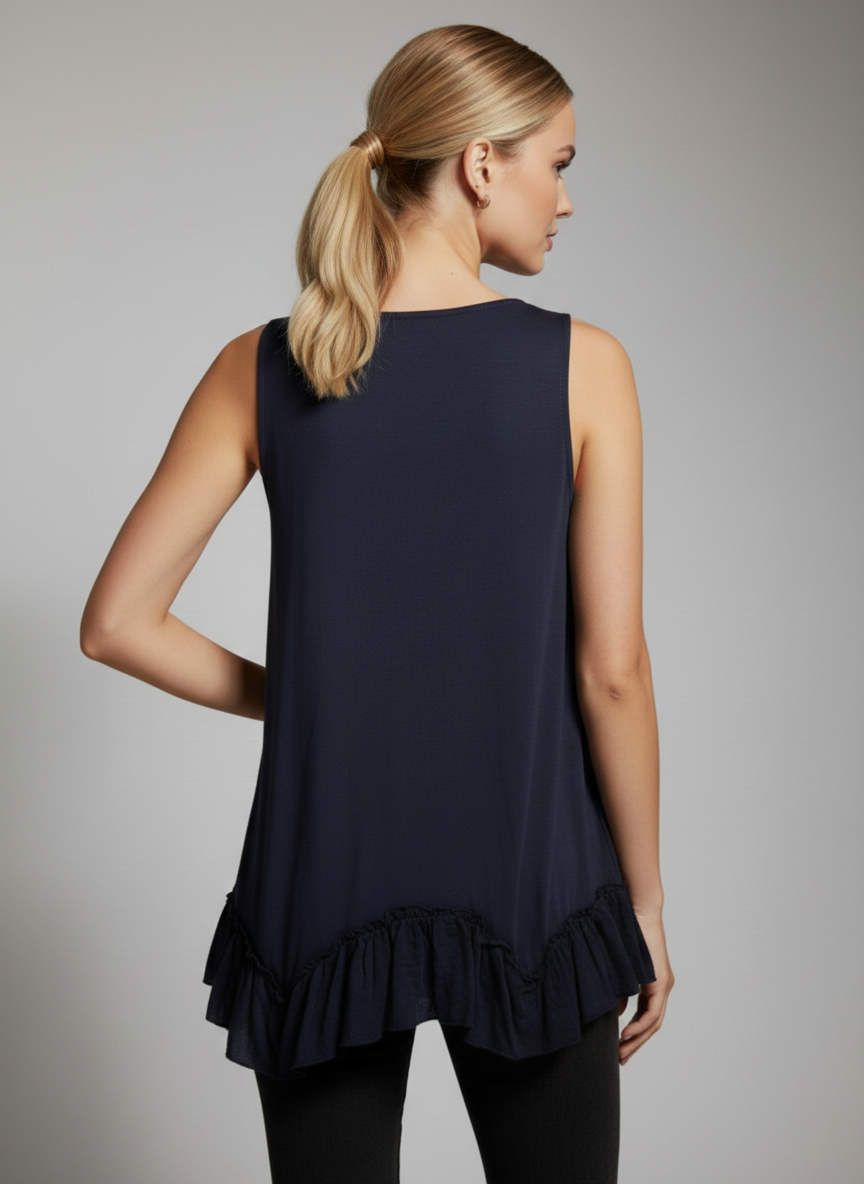 319 Navy Blue Ruffle-Hem Sleeveless Top