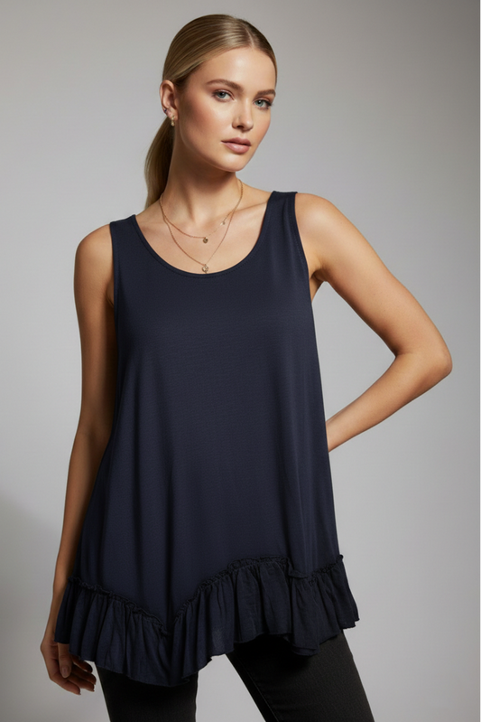 319 Navy Blue Ruffle-Hem Sleeveless Top