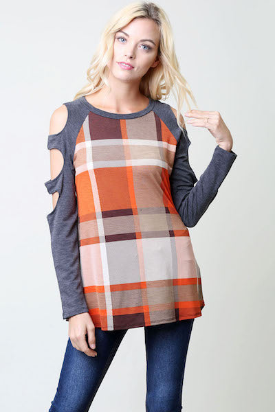 Orange/Grey Plaid Cut Sleeved Plaid Top