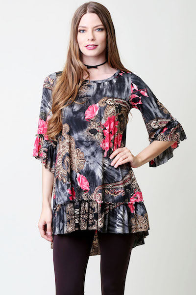 Charcoal/Blk/Red Ruffled Bottom/Sleeved Top