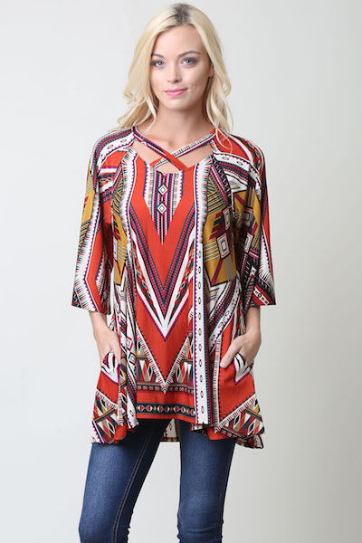 Red Mulitcolored Tribal Print Top