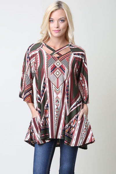 Dark Olive/Maroon Tribal Print Top