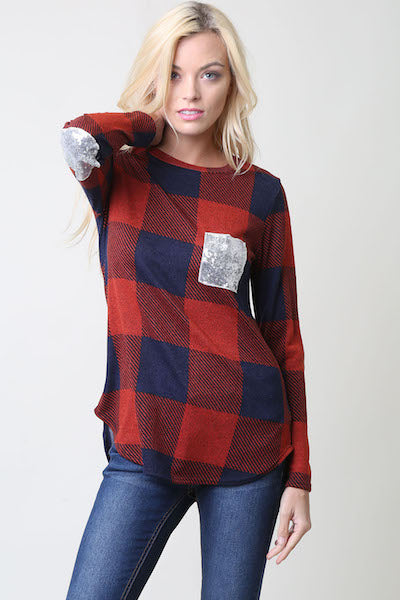 Red/Blue Plaid Contrast Sequin Pocket Top