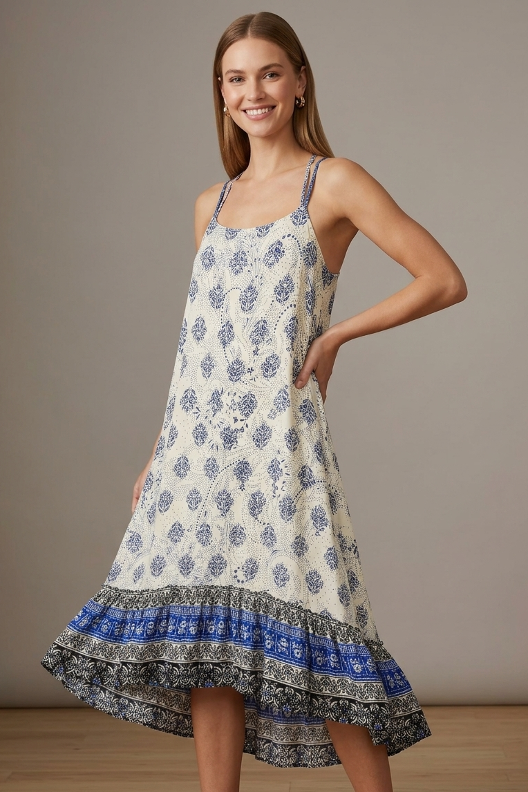3681 Mediterranean Blue & Cream Summer Dress