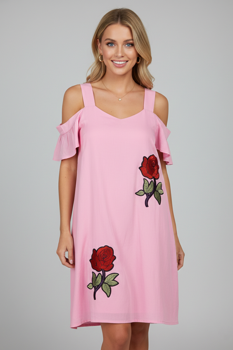 3688 Pink Rose Embroidered Cold Shoulder Dress