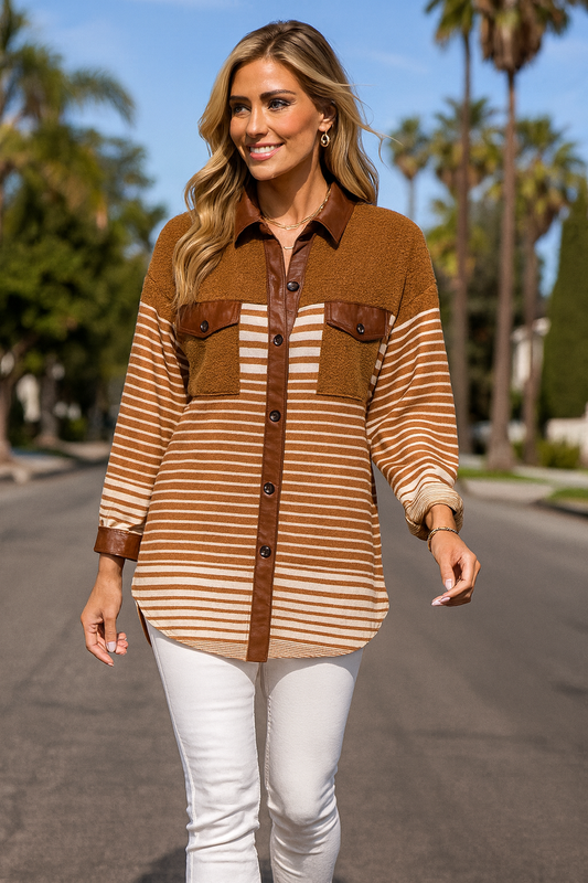388 Brown & Cream Stripes Shacket