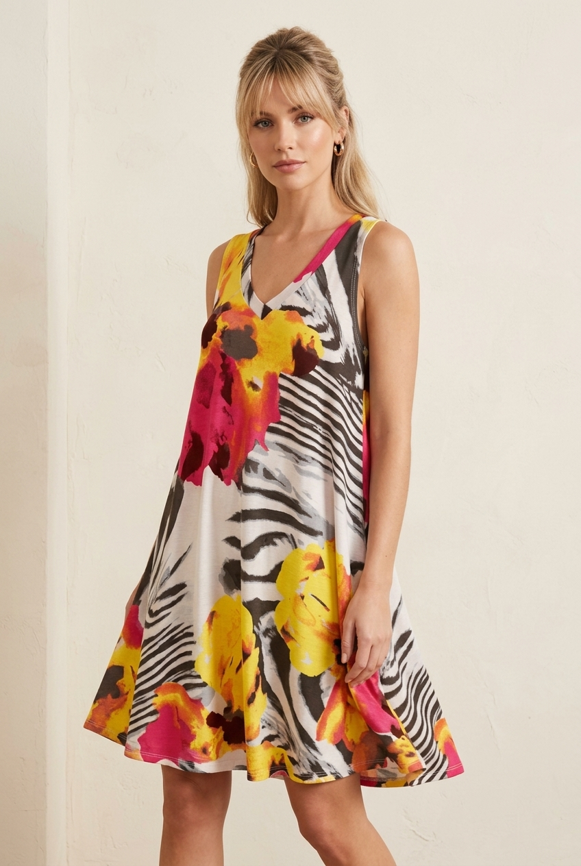 3971 Tropical Zebra V-Neck Dress