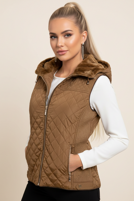 4021 Khaki Quilted Vest with Hood and Knit Panels Plus