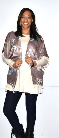 152151 Mauve Floral Print Kimono w/ Tassels