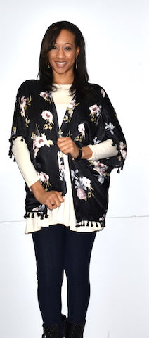 152151 Black Floral Print Kimono w/ Tassels