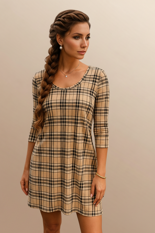 4321 Beige and Black Charm Plaid Dress