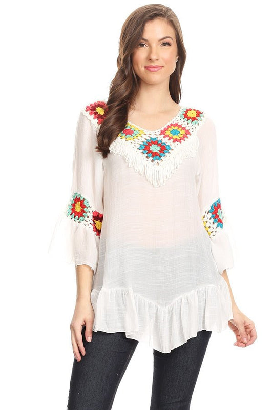 608 White Embroidered Crochet Top